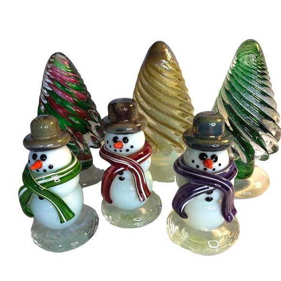 Hand Blown Figurine Christmas Tree Forest Green Clear Glass White Snow On Tree - Picture 10 of 10